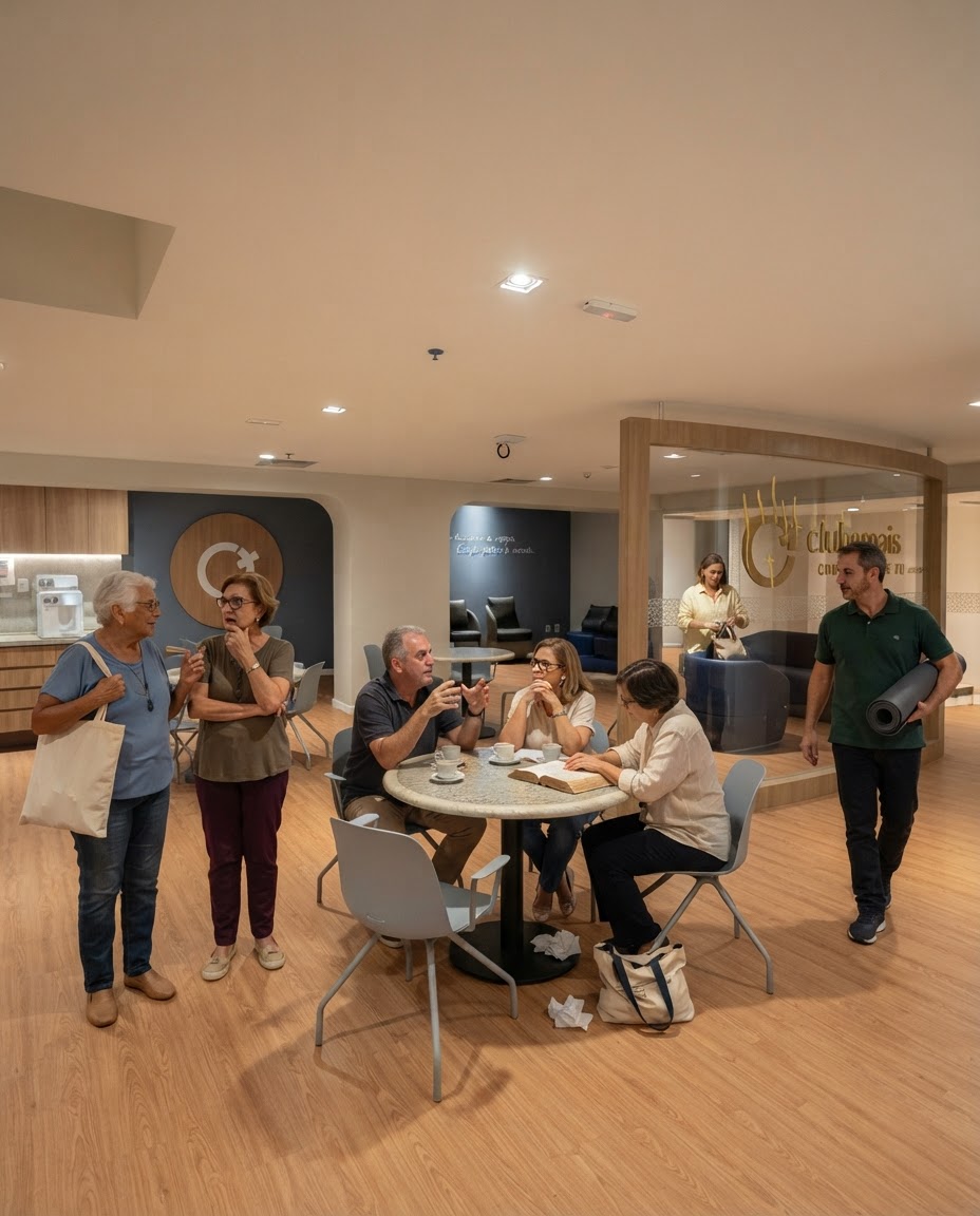 Grupo de pessoas 60+ conversando em volta de uma mesa no espaço de convivência do Clube Mais