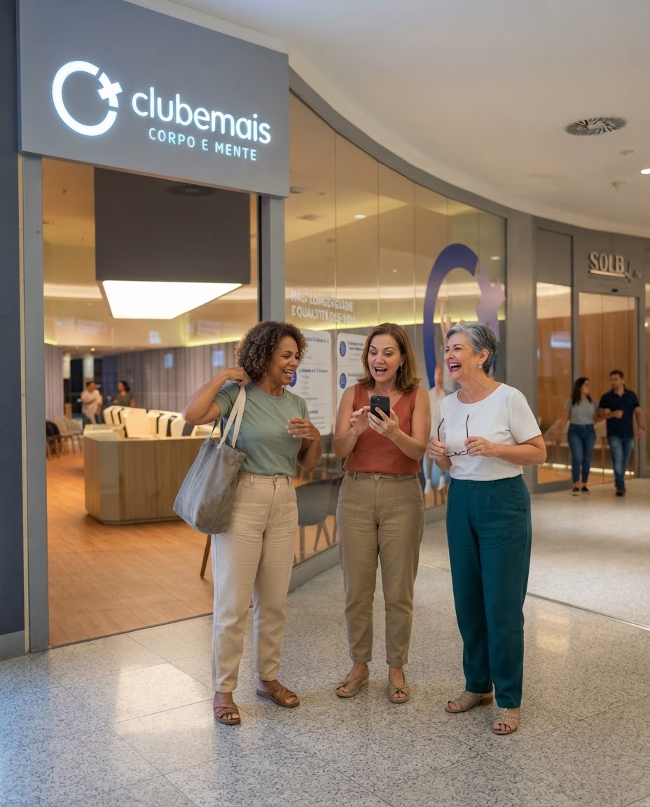 Três mulheres 60+ rindo enquanto olham o celular na entrada do Clube Mais, no RioMar Recife