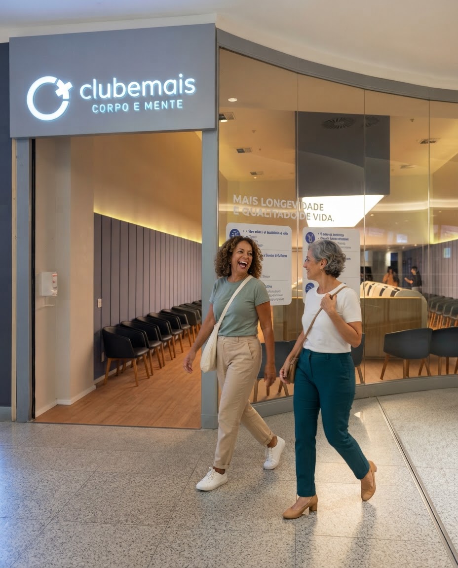 Duas mulheres 60+ sorrindo enquanto caminham em frente à entrada do Clube Mais Corpo e Mente, no RioMar Recife