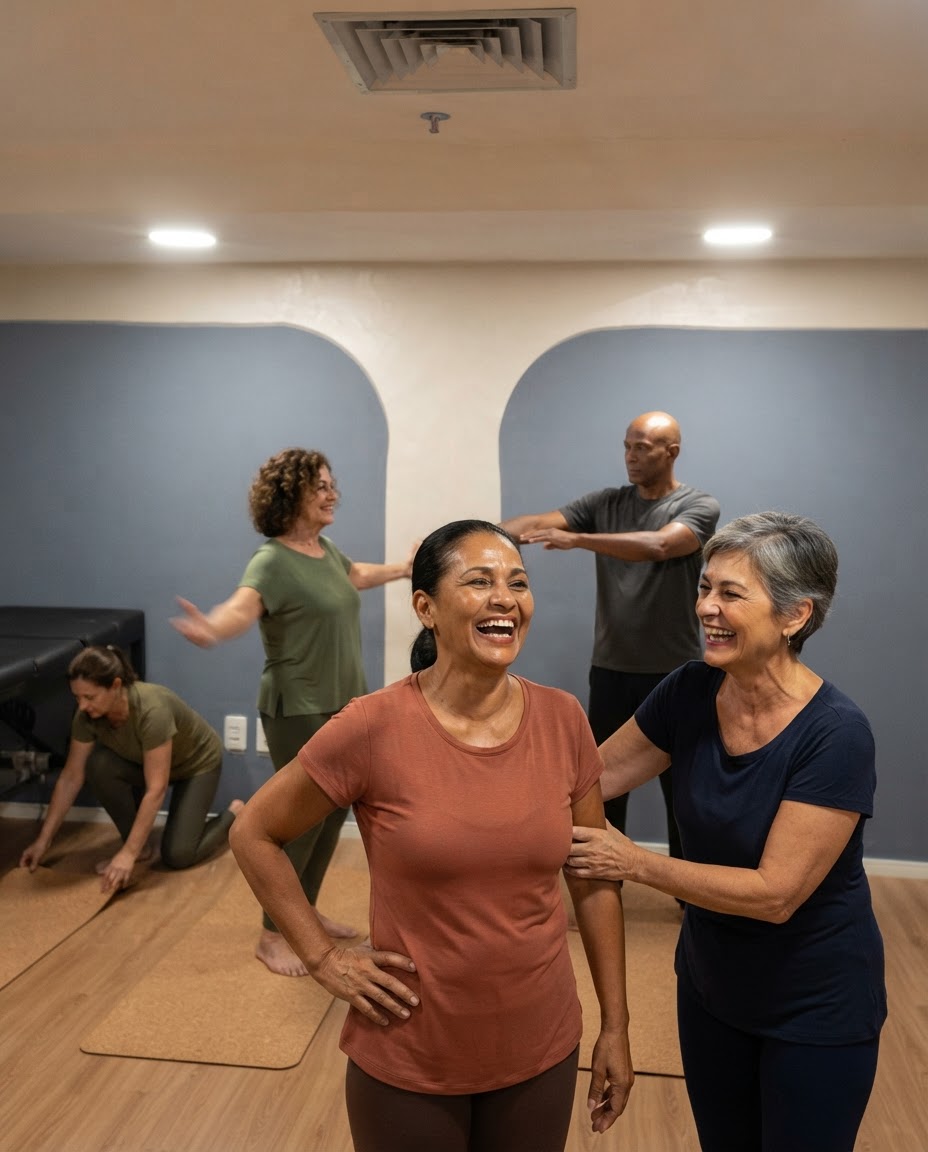 Mulheres 60+ sorrindo durante uma aula de atividade física assistida no estúdio do Clube Mais